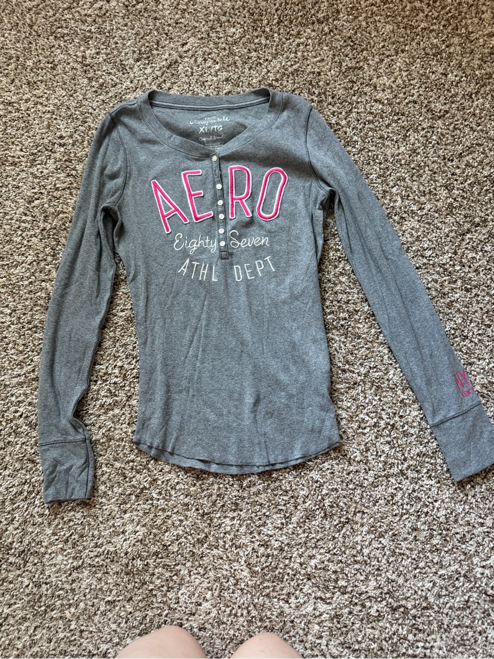 Aeropostale Gray Long-Sleeve Henley with Pink AERO Script